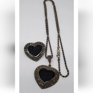 Vintage Sterling Silver,Onyx and Marcasite Heart Pendant and Brooch